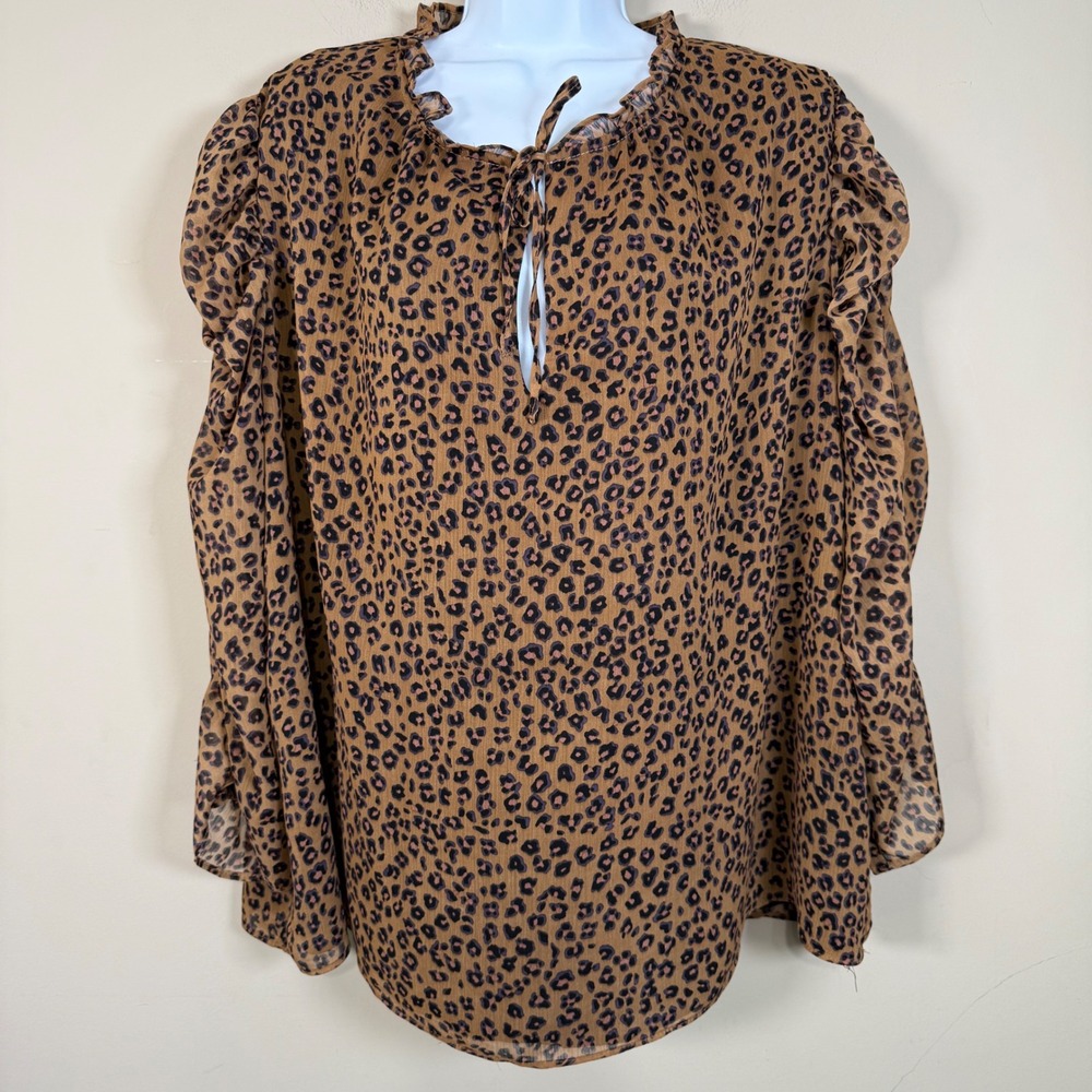 CeCe  Emery Leopard Print SheerRuffled Sleeve Lined Blouse 2X